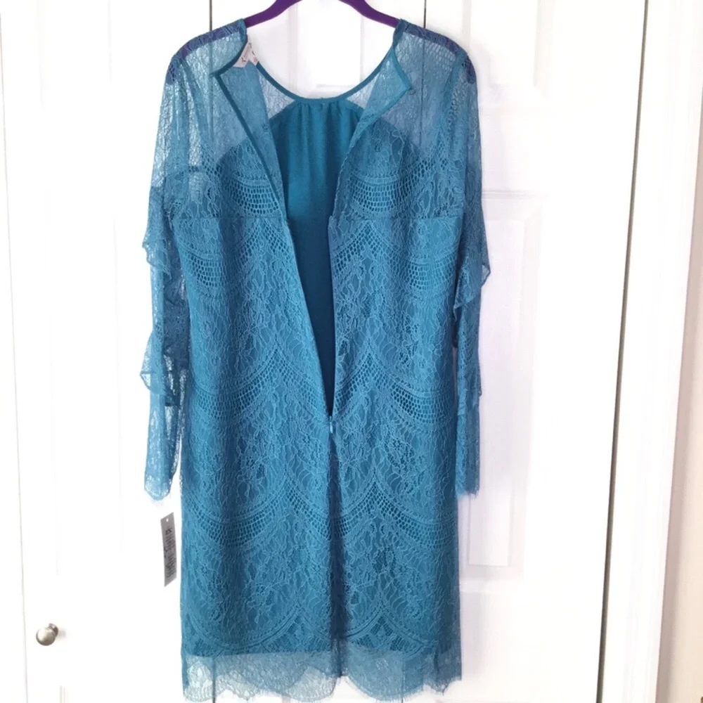 Nanette Nanette Lepore Poetic Love Dragonfly Teal Lace Overlay Dress 12 NWT